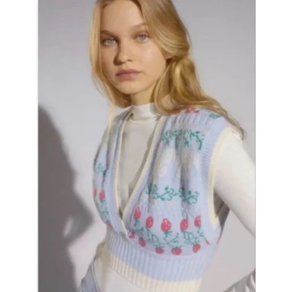 Urban Outfitters Cropped Blue strawberry sweater Vest Size Medium - Picture 2 of 7